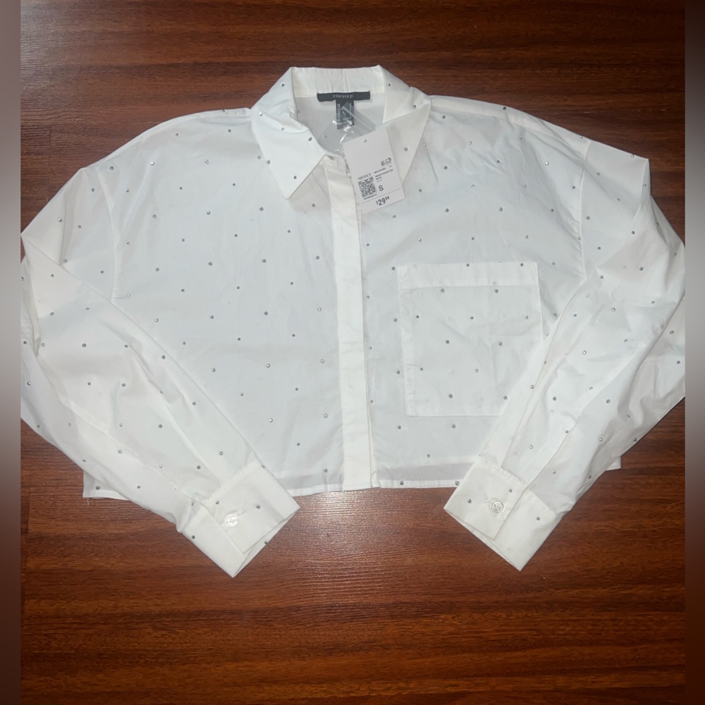 Forever 21 White Crop Dress Shirt with Rhinestones